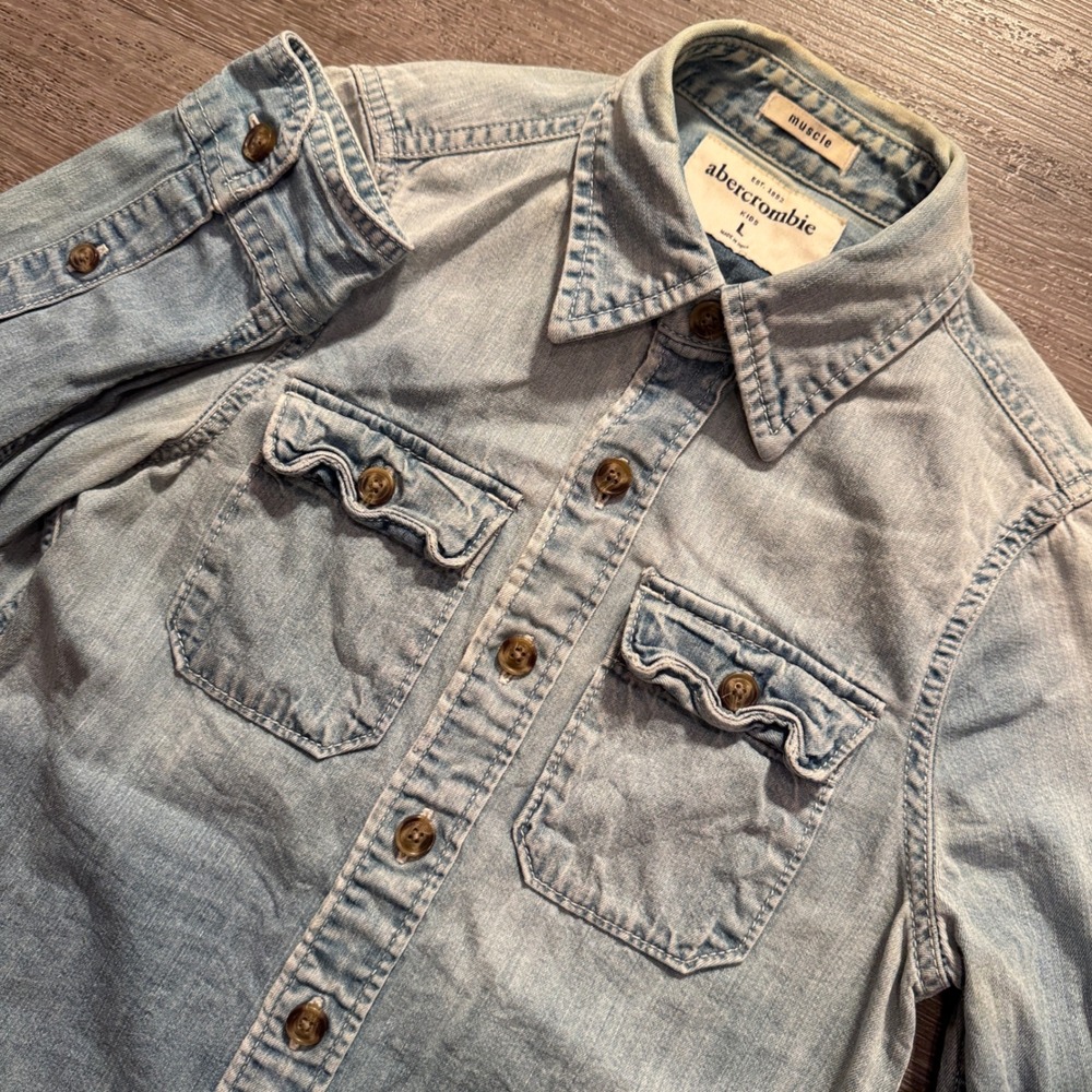 Abercrombie Shirt Boys L Blue Denim Cotton Chambray Muscle Utility Y2K Western